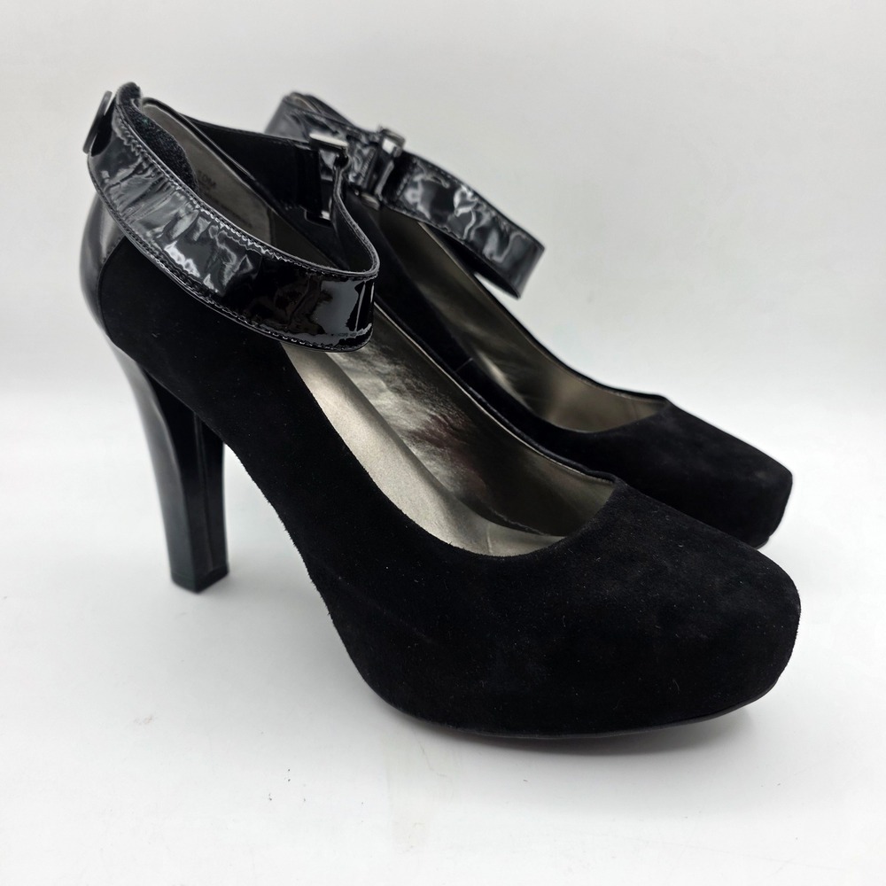 Me Too Lizbeth Black Suede Patent Leather Platform Ankle Strap Pumps Heels 10M